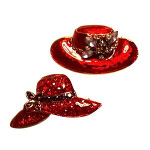 Red Hat Society Enameled Rhinestone Hat Brooch Set Floral Accents Gold-Toned Met